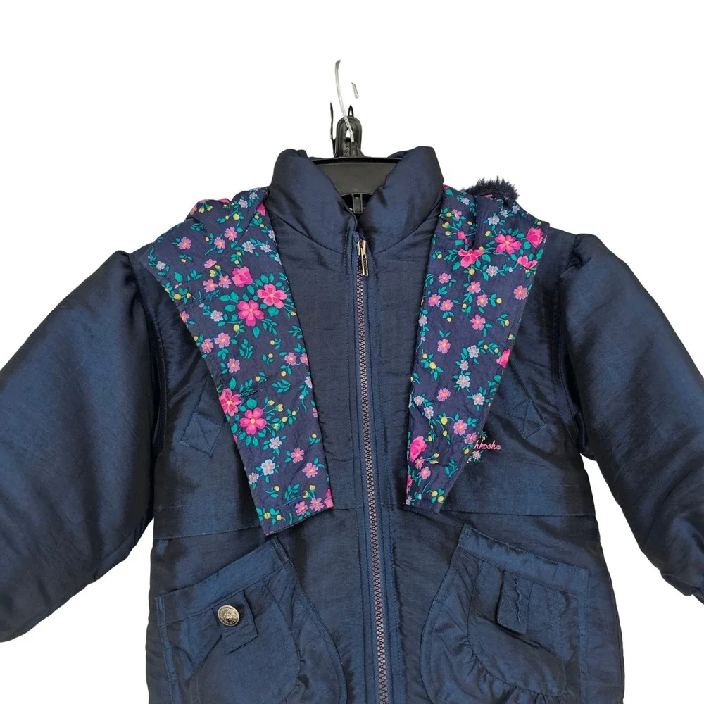 Vintage 90s OshKosh B'gosh Girls 4T Winter Coat Navy Floral Retro Hood Faux Fur